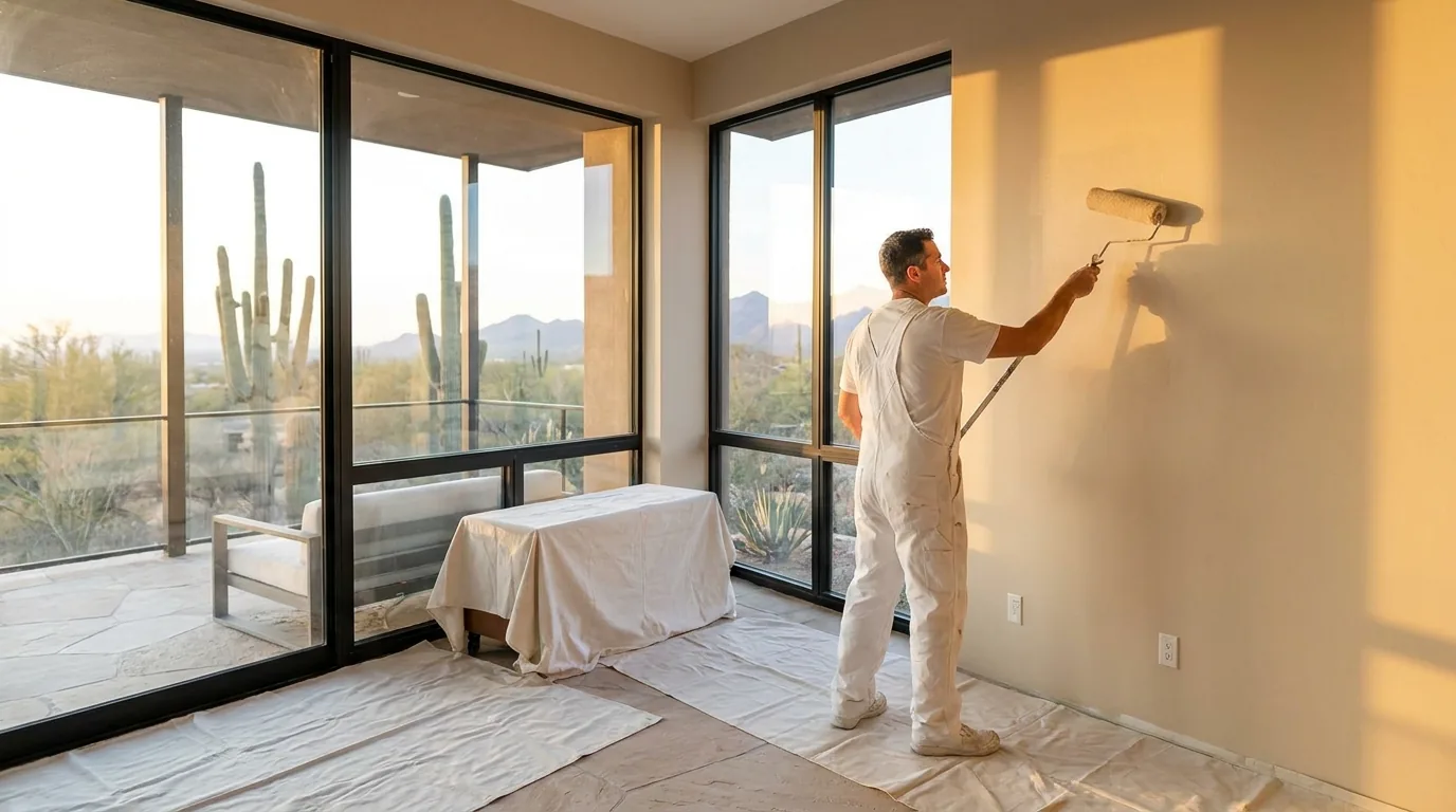 Painter rolling fresh paint inside an East Mesa home