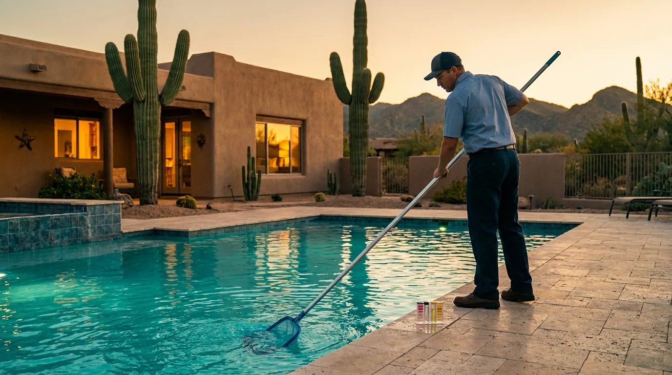 Pool service technician cleaning a backyard pool in East Mesa