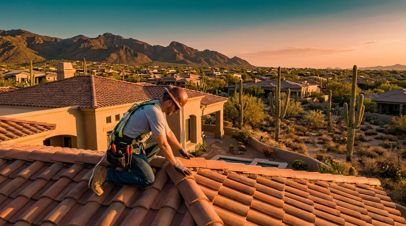Roofer inspecting a tile roof in East Mesa